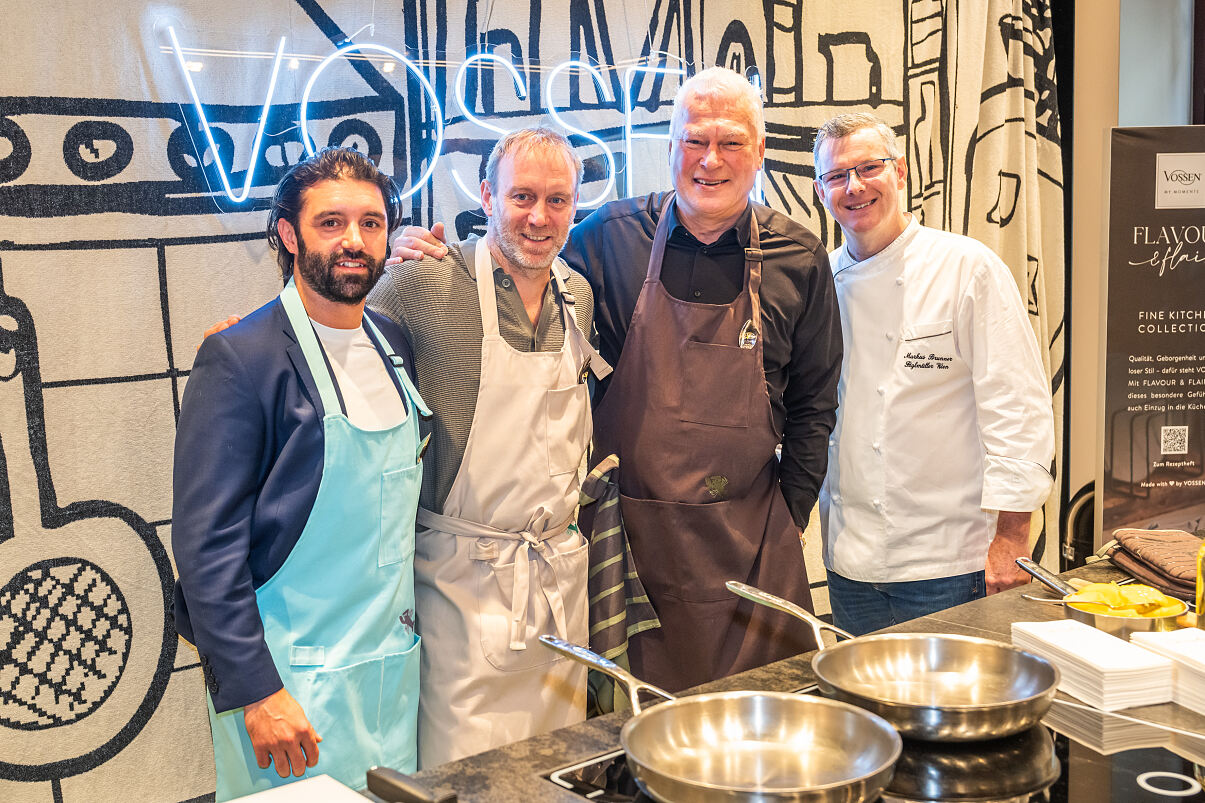 VOSSEN Flavour & Flair Kollektionslaunch v.l.n.r. Dominik Heinrich, Stefan Koubek, Toni Polster, Markus Brunner (Figlmüller)