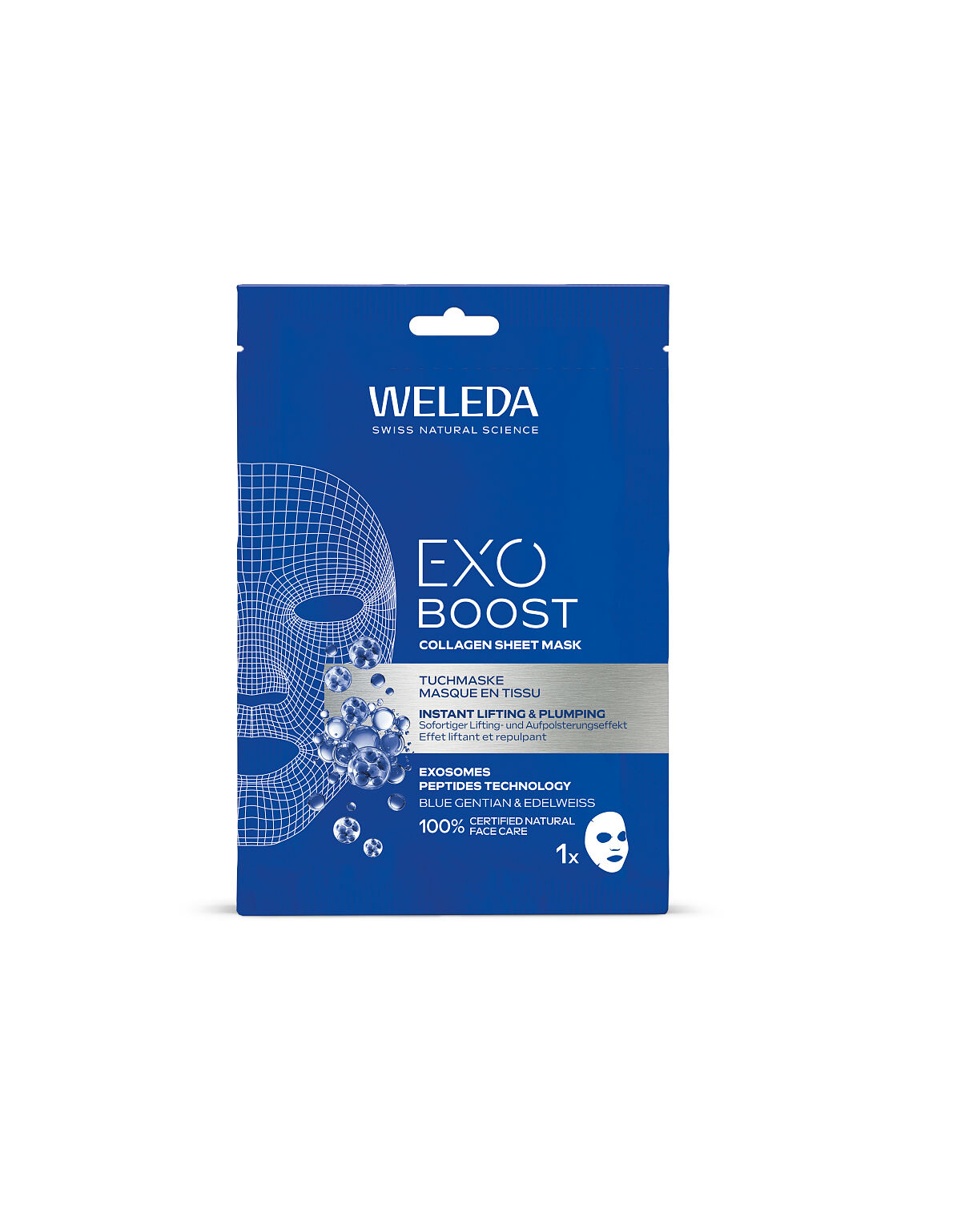 Weleda_Exo Boost Collagen Tuchmaske_Blauer Enzian und Edelweiss_4 PAX_19,80€_23,60 CHF
