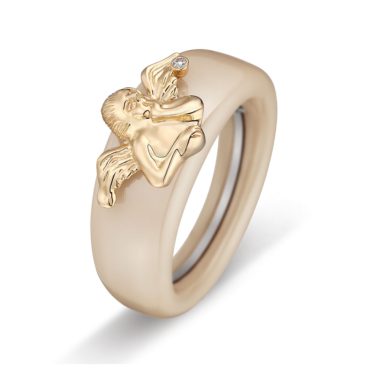 ESbD_In Signo_Basisring Charlotte TOUCH Sand Keramik mit Charlotte_Kopf SCHUTZENGEL 585- Gelbgold mit Brillant_140230_156777