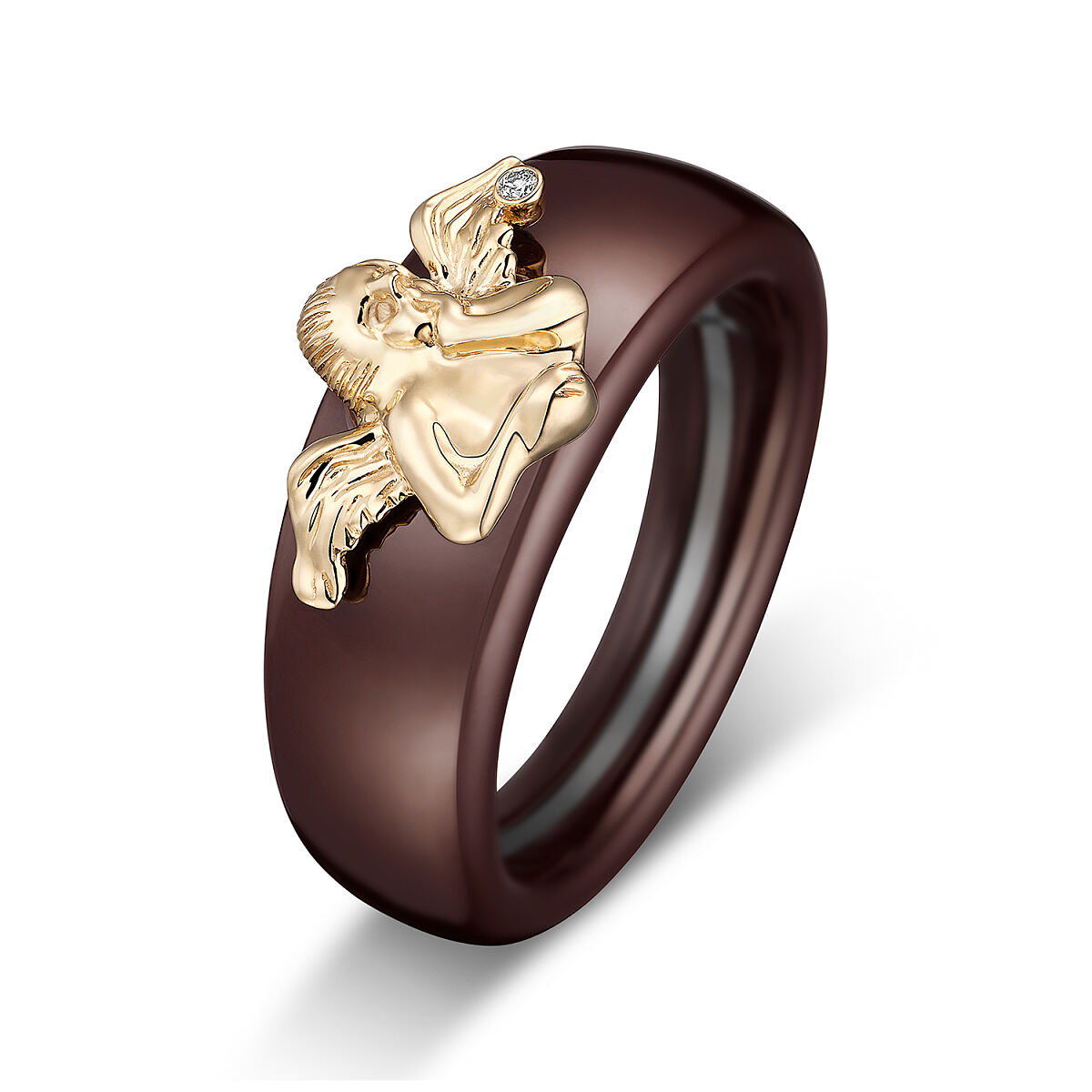 ESbD_In Signo_Basisring Charlotte TOUCH Tartufo Keramik mit Charlotte_Kopf SCHUTZENGEL 585- Gelbgold mit Brillant_155489_156777