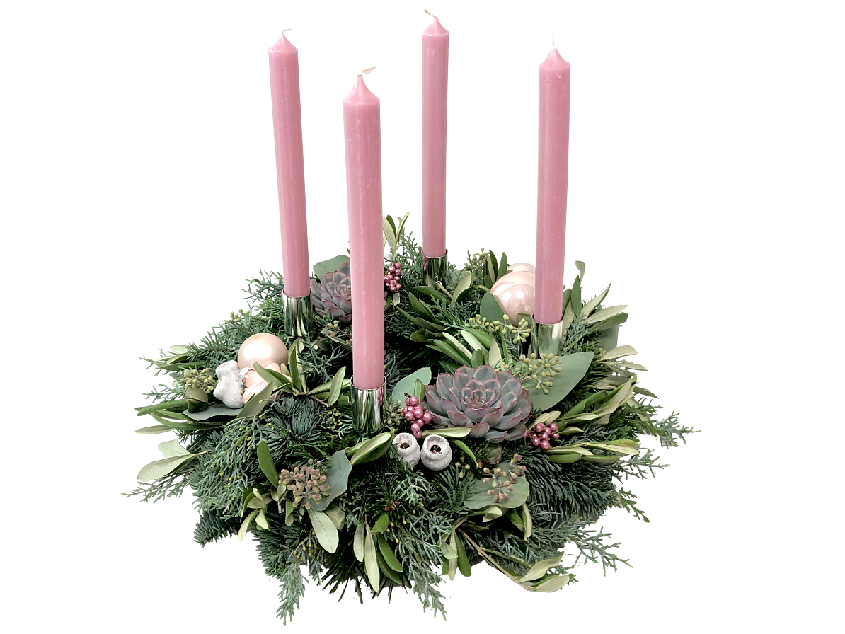 Salon Verde_Adventkranz Boho mit Stabkerzen rosa