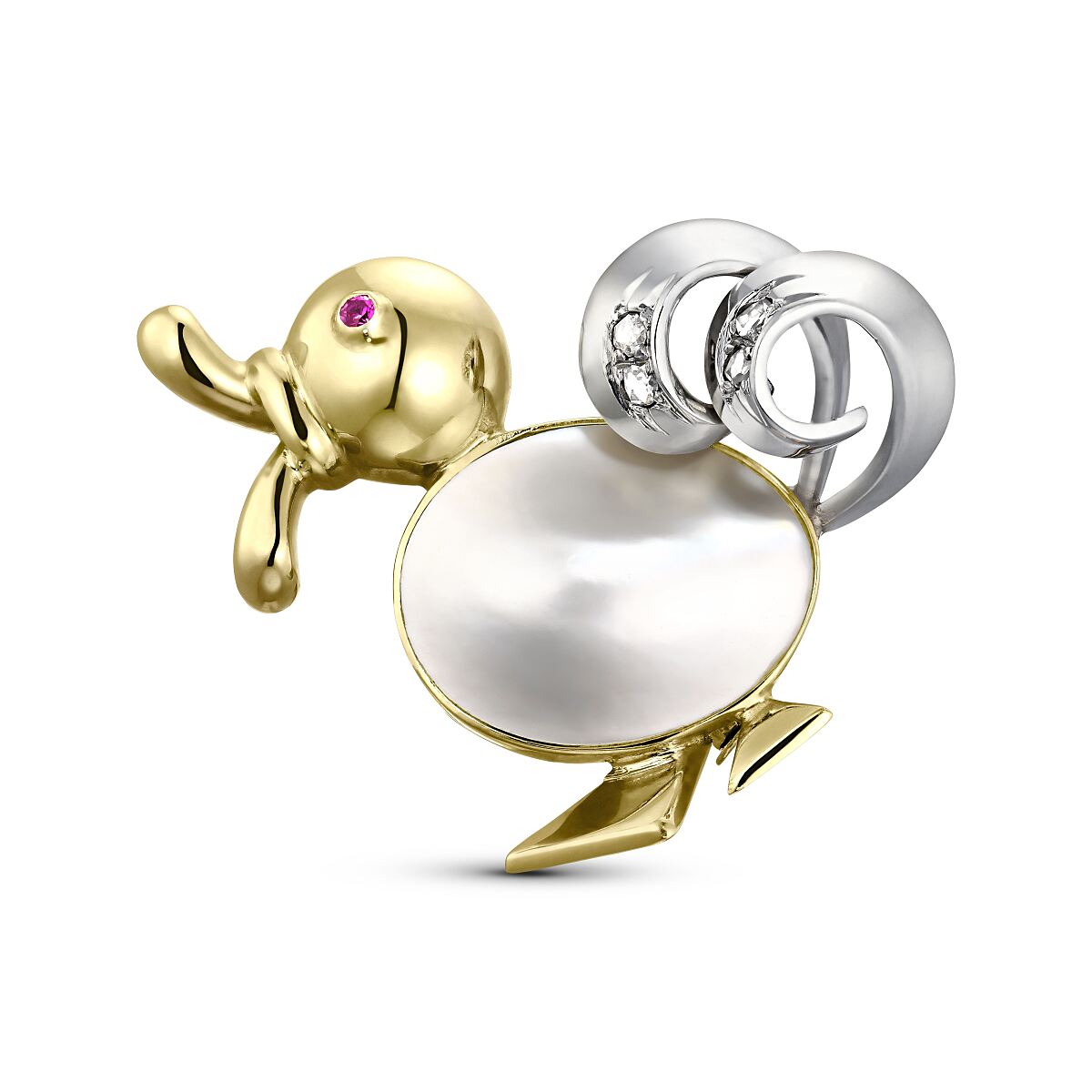 DJ Vintage Brosche Ente Gold Weißgold 750 Diamanten Rubin Perlmutt 301 484358