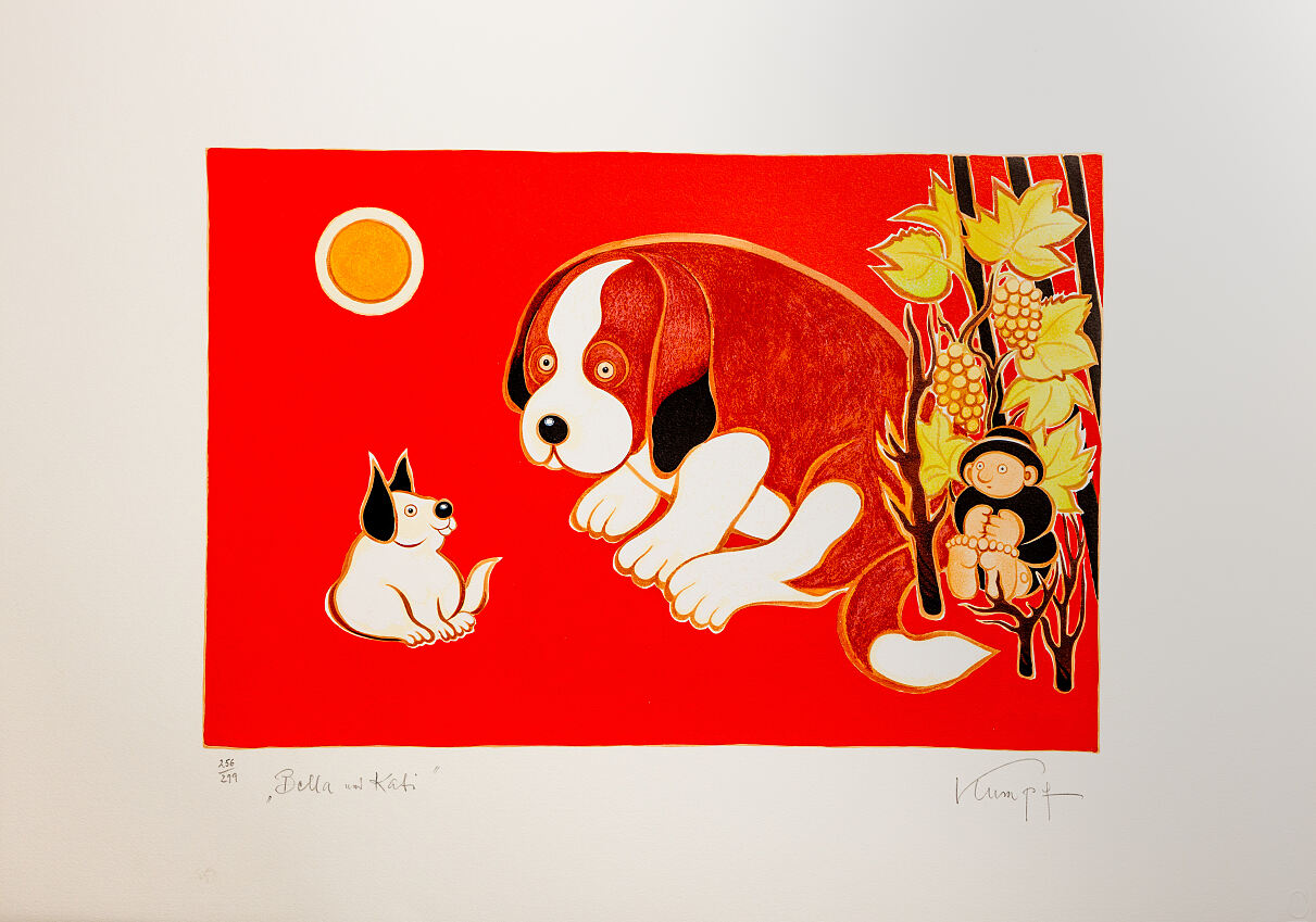 handsignierte und nummerierte Original- Druckgrafik von Gottfried Kumpf - Bella und Kati