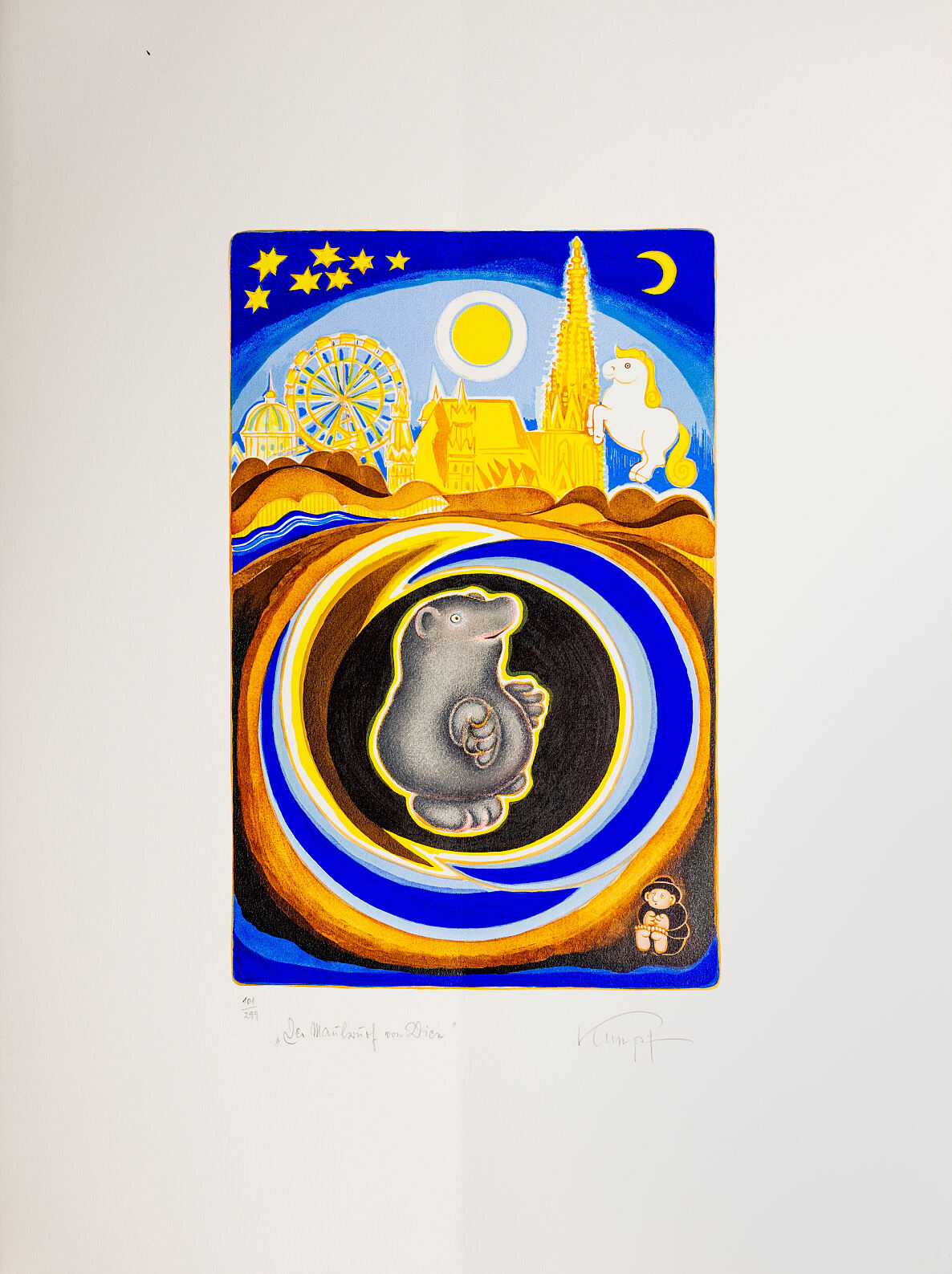 handsignierte und nummerierte Original- Druckgrafik von Gottfried Kumpf - Der Maulwurf von Wien