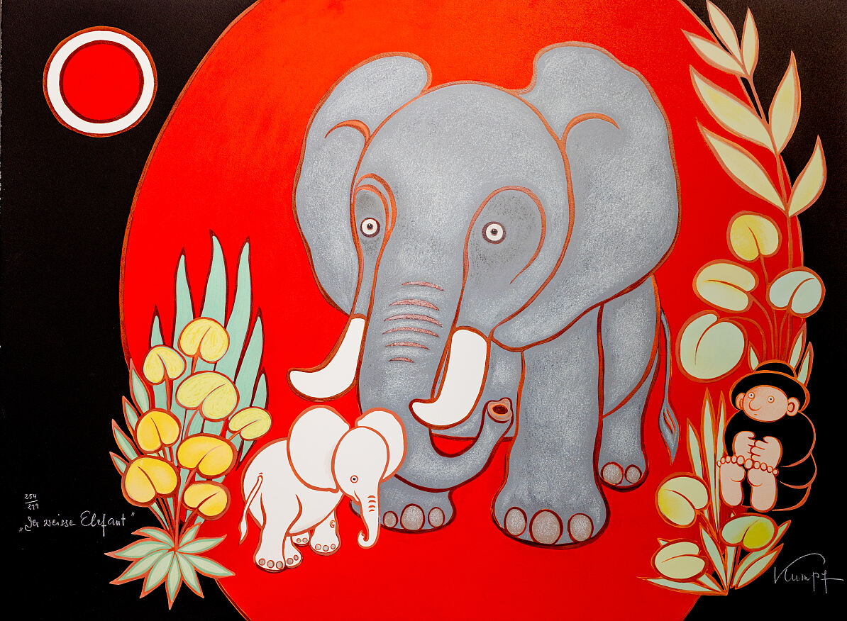 handsignierte und nummerierte Original- Druckgrafik von Gottfried Kumpf - Der weiße Elefant