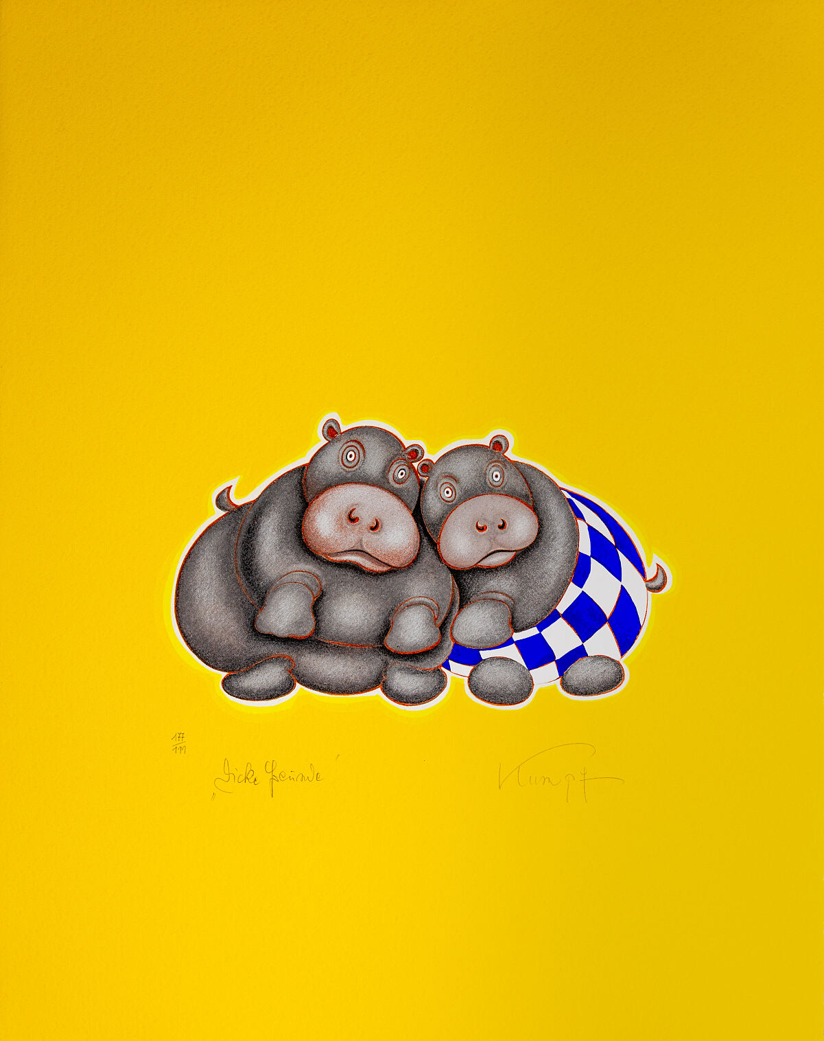 handsignierte und nummerierte Original- Druckgrafik von Gottfried Kumpf - Dicke Freunde