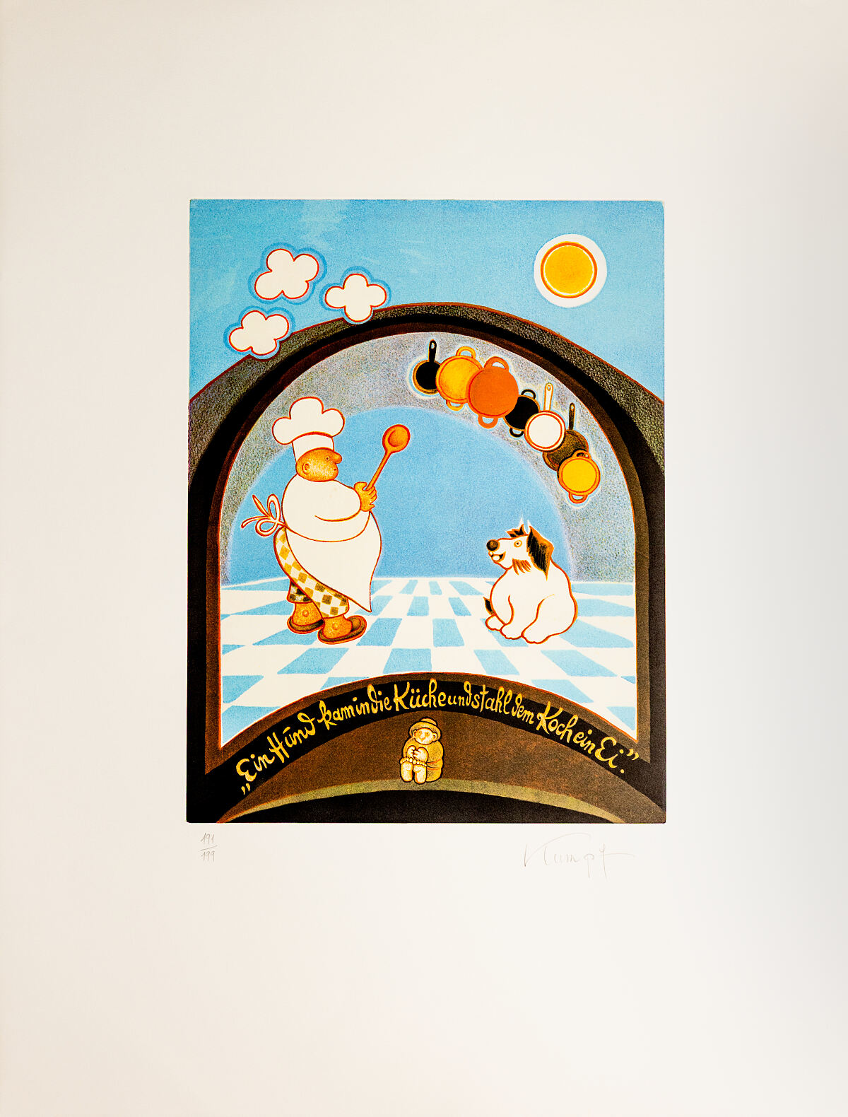 handsignierte und nummerierte Original- Druckgrafik von Gottfried Kumpf - Ein Hund kam in die Küche und stahl dem Koch ein Ei