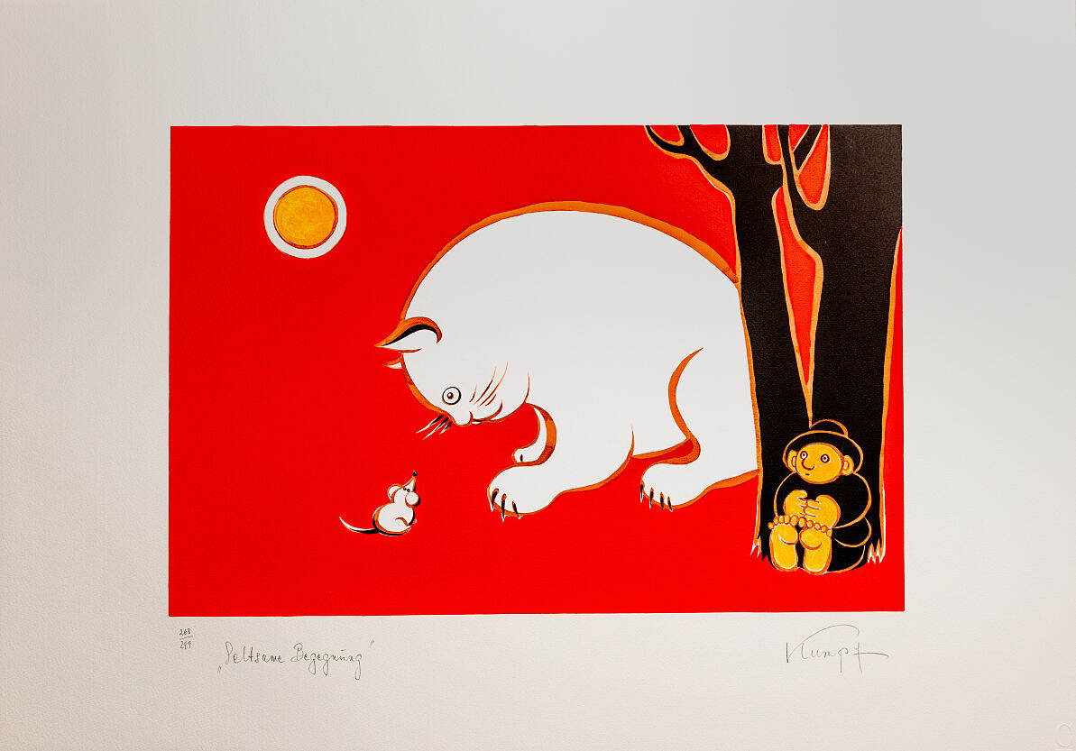 handsignierte und nummerierte Original- Druckgrafik von Gottfried Kumpf - Seltsame Begegnung