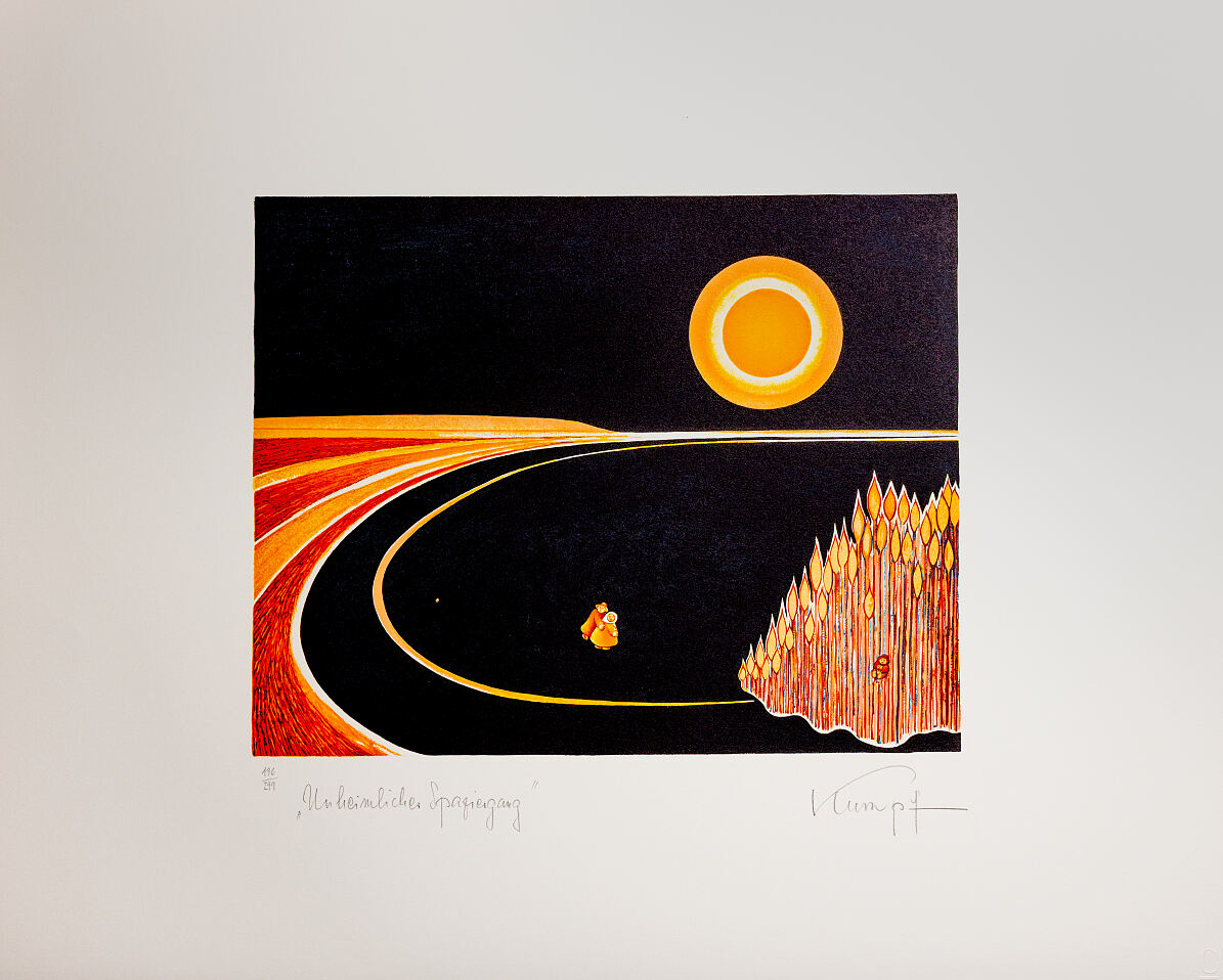 handsignierte und nummerierte Original- Druckgrafik von Gottfried Kumpf - Unheimlicher Spaziergang