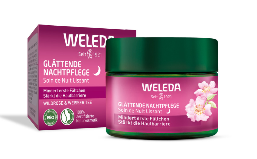 Weleda_ROSENFRISCHE FÜR EIN STRAHLENDES GESICHT_  DIE WELEDA ANTI-AGING-LINIE MIT WILDROSE & WEIßEM TEE_Glättende Nachtpflege_UVP 16,95 EUR