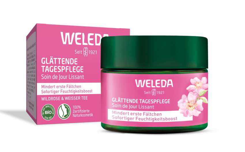 Weleda_ROSENFRISCHE FÜR EIN STRAHLENDES GESICHT_  DIE WELEDA ANTI-AGING-LINIE MIT WILDROSE & WEIßEM TEE_Glättende Tagespflege_UVP 15,95 EUR